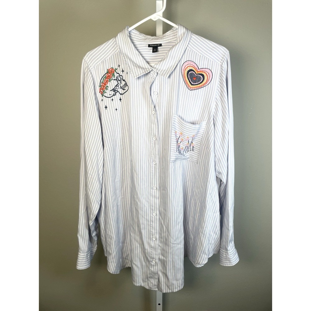 Torrid Women's Button Down Shirt 3 3X  Embroidered Skull Striped Long Sleeve‎